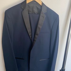 ASOS slim fit navy blue tuxedo with black satin lapel